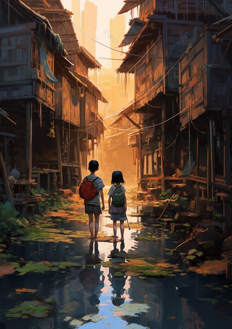 破碎老旧建筑物虾行走的人物背影,插画/手绘图,插画/手绘图库,插画/手绘图下载,插画/手绘